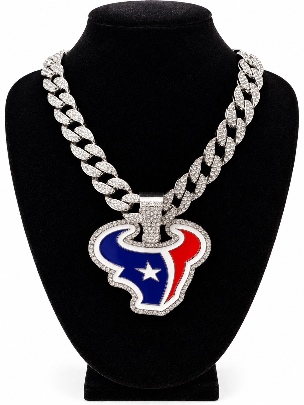 Houston Texans Rhinestone Pendant Iced Cuban Link Necklace NFL Football